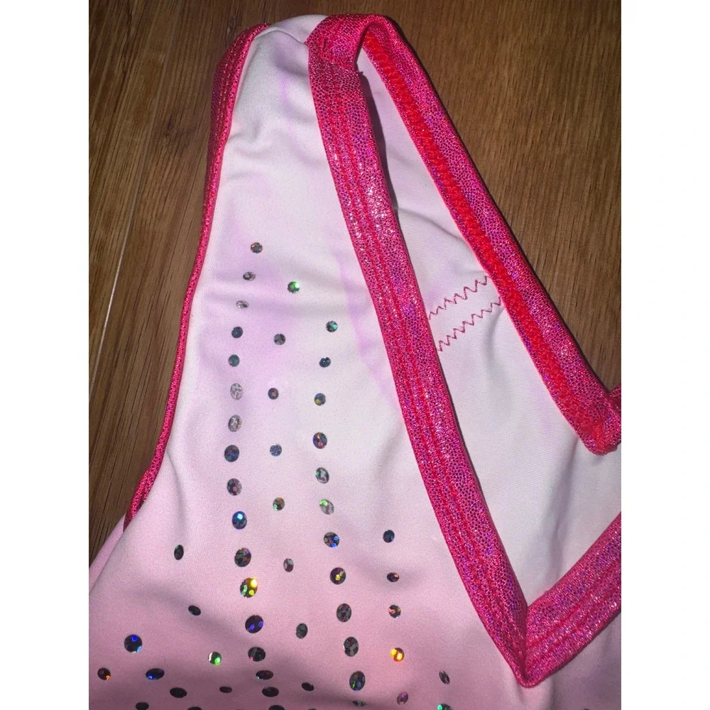 GK Elite Girls Gymnastics Leotard Pink White Ombre Rhinestone Sparkle Size CM
